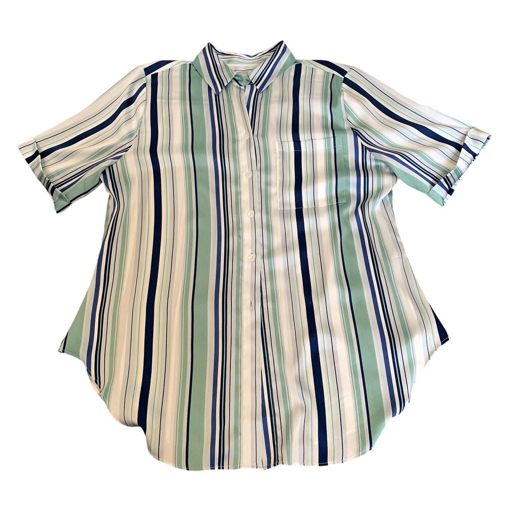 Chico's Women Tie Front Striped Blue/Green/Gray Short Sleeve Blouse Size 8/10